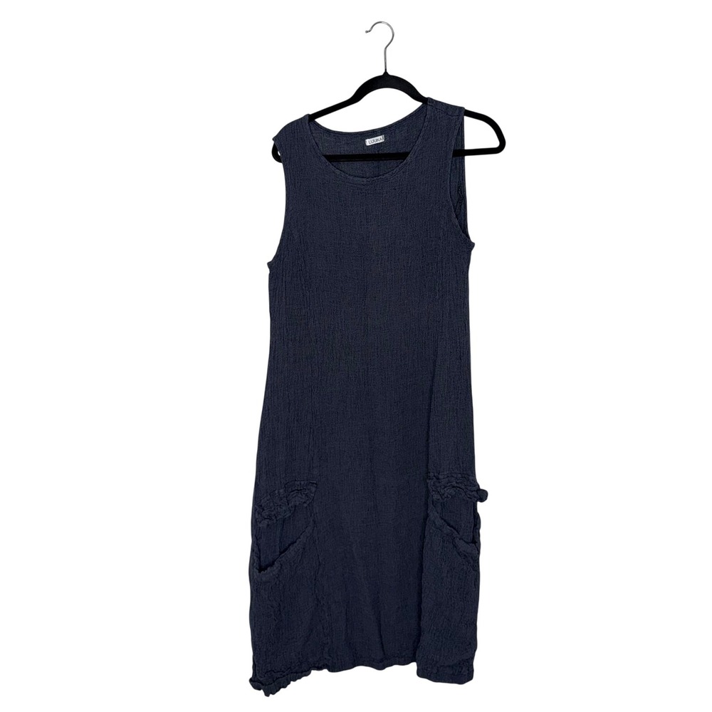 Luukaa Sleeveless Linen Shift Dress Women Size 3 Navy Blue Excellent Lagenlook